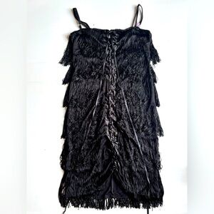 Black Fringed Flapper Dress Corset Front Italy Small